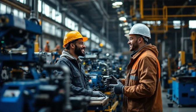 Two workers in hard hats talking in an industrial facility