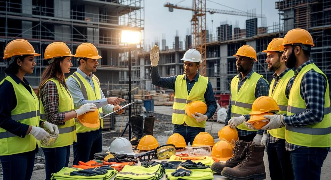 Construction team in hard hats and safety vests meeting on site
