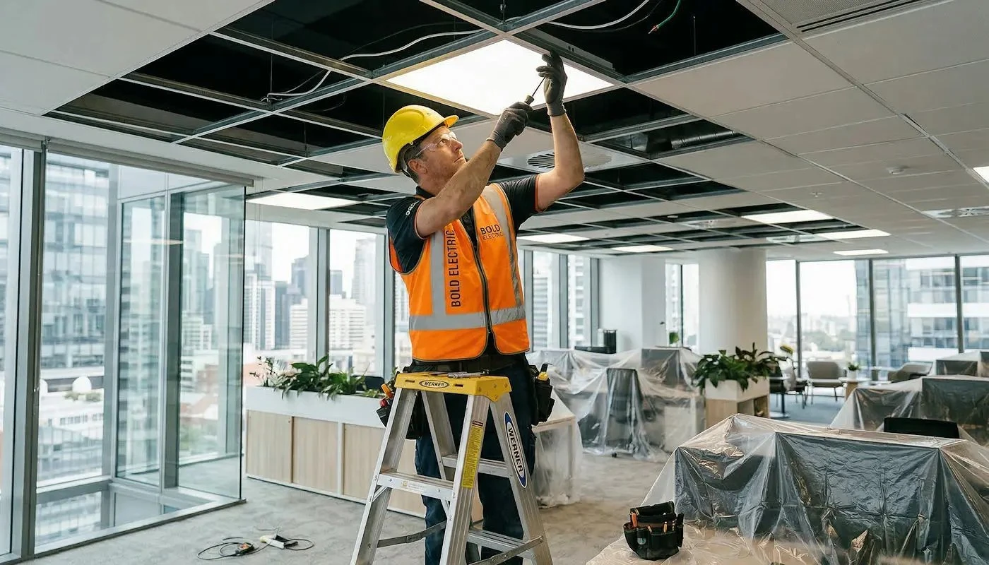 Worker on a ladder installing ceiling fixtures in a commercial interior