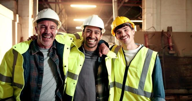 Smiling workers in hard hats and high-visibility vests