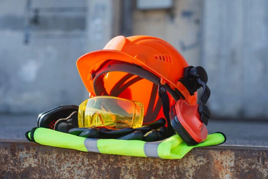 Orange safety helmet, goggles and high-visibility vest