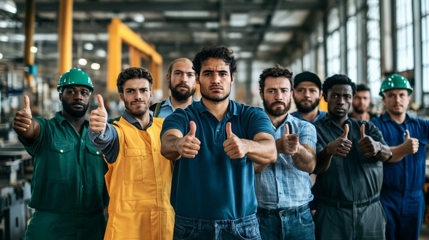 A team of skilled tradespeople in work uniforms giving a thumbs up