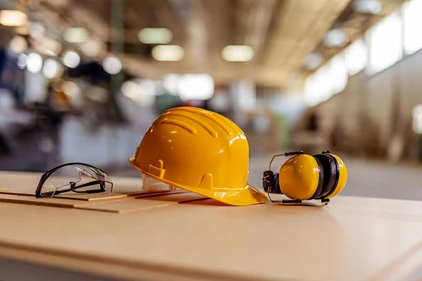 Yellow hard hat and ear protection resting on a workbench